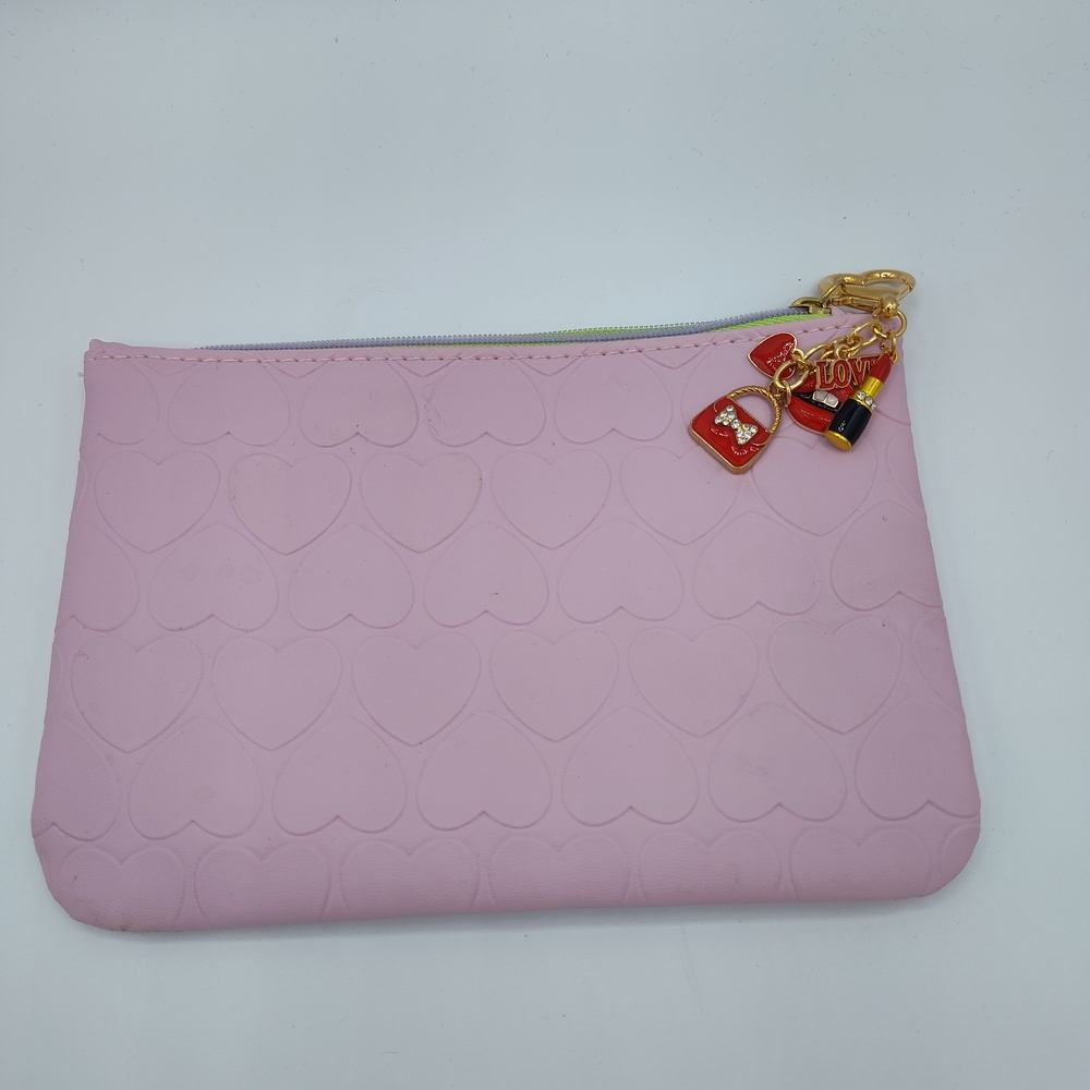 Pink Heart Embossed Cosmetic Bag Makeup Pouch Red Charms Lipstick Purse Travel